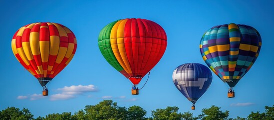 Fototapeta premium Colorful hot air balloons floating in a clear blue sky above green trees.