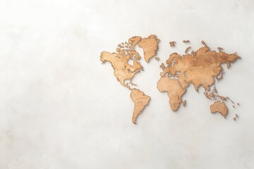 Textured background featuring a wooden world map art piece, ideal for travel blogs, educational materials, or home decor projects conveying a sense of adventure,