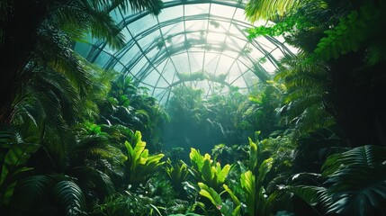 In a biopunk inspired eco sanctuary, a vast greenhouse like dome filled with lush vegetation explores the ethical boundaries of biotechnology.
