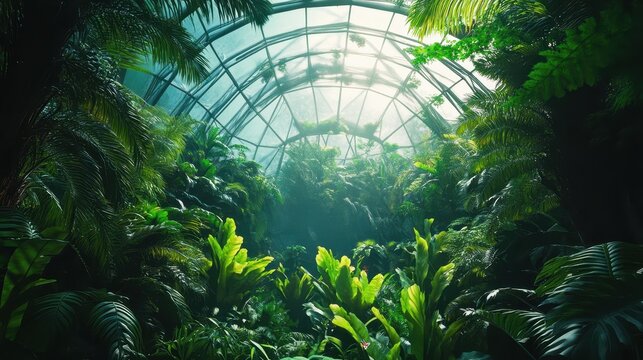 In a biopunk inspired eco sanctuary, a vast greenhouse like dome filled with lush vegetation explores the ethical boundaries of biotechnology.
