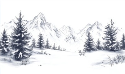 Snowy mountain landscape with pine trees, serene winter scene, majestic peaks in background, soft snow covering ground, tranquil atmosphere