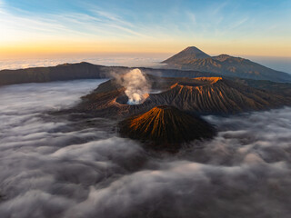 Aerial view Mountains at Bromo volcano during sunrise sky,Beautiful Mountains Penanjakan in Bromo Tengger Semeru National Park,East Java,Indonesia.Nature landscape background