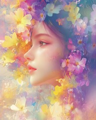Ethereal portrait of a woman adorned with vibrant flowers. Generative AI image