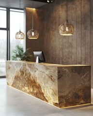 Design of modern reception area with stone reception desk. 3D rendering, 3D illustration.