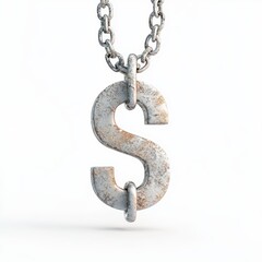 A rusty dollar sign pendant hangs from a metal chain, symbolizing finance and money, This image can be used in projects related to economics, personal finance, investment, or hip-hop culture,
