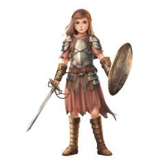 Obraz premium Young Female Knight in Full Plate Armor, Holding Sword and Shield