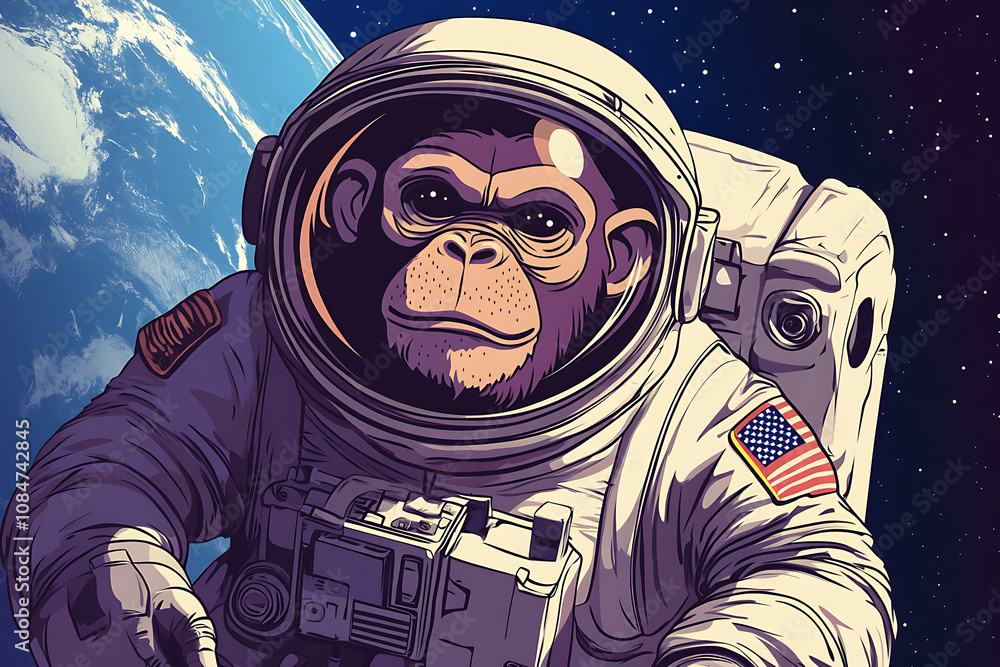 Poster a monkey in an astronaut suit floating in space with earth in the background.