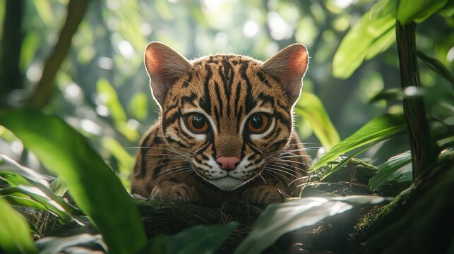 Close-up of a curious ocelot in a natural environment. Generative AI image