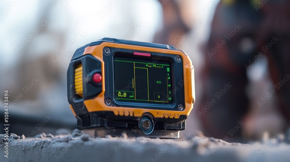 Poster here's a possible and keyword list for the image.. construction site laser level device display.