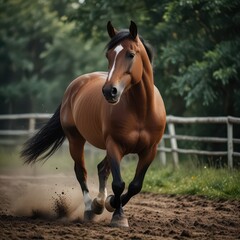 Majestic chestnut horse galloping freely in a sun-drenched paddock, creating a dynamic scene of strength and beauty perfect for equestrian enthusiasts and rural lifestyle projects