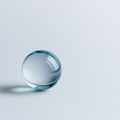 A transparent, rounded glass sphere sits on a smooth surface, reflecting light and casting soft shadows, ideal for use in design mockups, product displays, or artistic presentations,