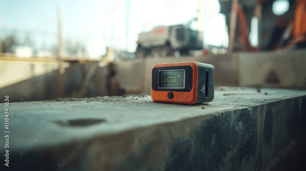 Poster here's a possible and keyword list for your stock photo.. orange digital device on construction site