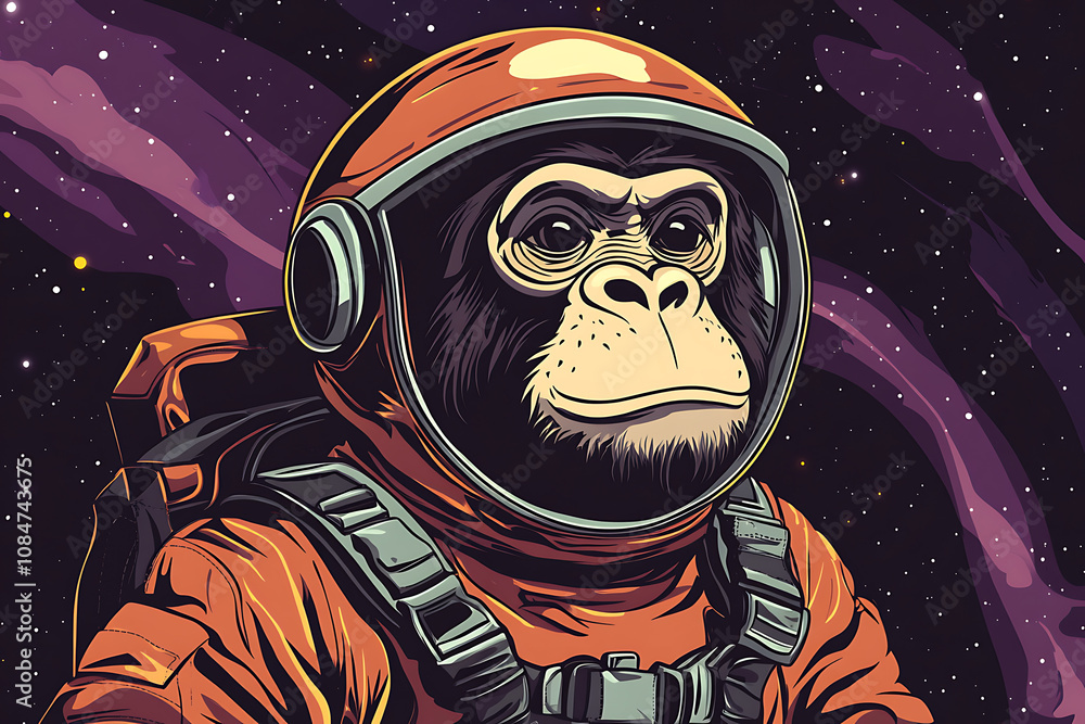 Poster a chimpanzee in an orange spacesuit floating in a colorful cosmic background.