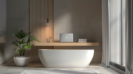 Fototapeta premium Interior of luxury bathroom with modern bathtub, ceramic sink and laptop on board