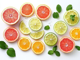 Fototapeta premium Refreshing fruit-infused water with citrus slices and mint arranged on a white background
