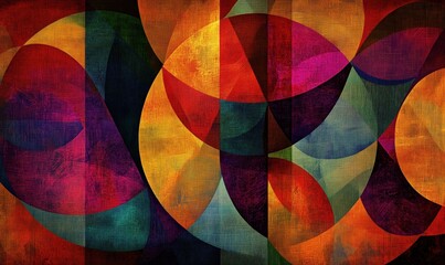 Obraz premium Colorful abstract geometric shapes, vibrant hues, circular patterns, overlapping forms, rich textures, modern art, dynamic composition