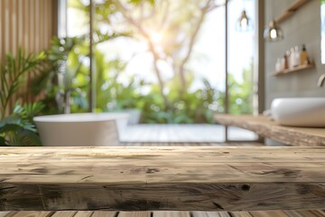 Interior design of bathroom interior with empty top wood table on blurred background