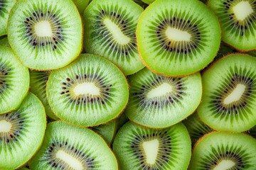 A bunch of kiwi slices arranged in a circular pattern, emphasizing their fresh, tropical look