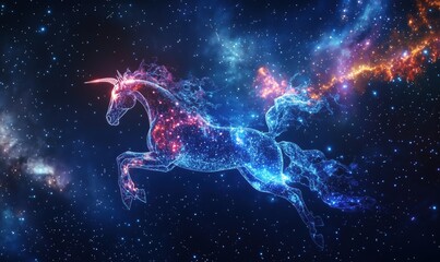 Fototapeta premium Galactic unicorn leaping through space, vibrant cosmic colors, starry background, ethereal glow, magical creature, fantasy art