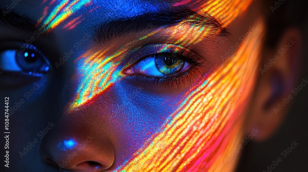 Poster close-up of a face illuminated by colorful light patterns. generative ai image