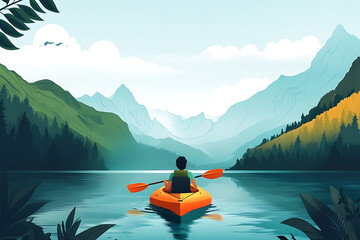 A serene scene of a person kayaking in a tranquil mountain lake surrounded by lush greenery.