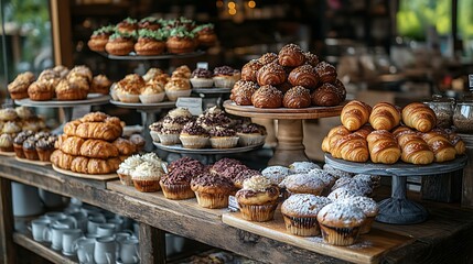Coffee and bakery setup with croissants, muffins, and cappuccinos on display