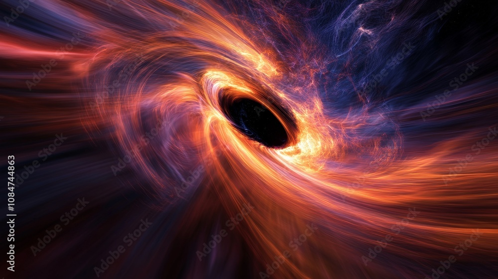 Poster a close-up of a computer model showing the hypothetical interaction between dark matter and black ho