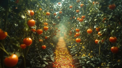 Ripe tomatoes growing in a lush garden path Generative AI image