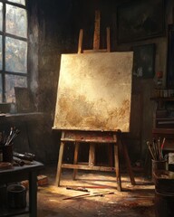 Illuminated by soft light, an artist's studio reveals a canvas, brushes, and paints, all poised for the spark of creativity.