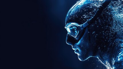 A silhouette of a freediver with a mask and snorkel, with water droplets forming around them.