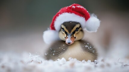 A duckling wearing festive Santa Hats animal bird beak.