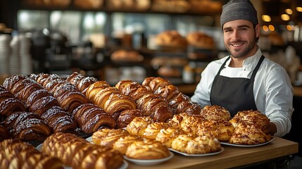 A stylish barista arranging plates of pastries beside cappuccino cups