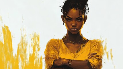 A striking design features a bold character crossing their arms, embodying defiance and attitude against a white background.