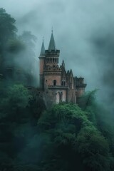 Obraz premium Breathtaking and stunning view of ancient castle, beautifully surrounded by lush greenery and dense fog. Generative AI