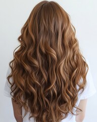 Naklejka premium A girl with long wavy brown curly hair with a healthy wave pattern on the back