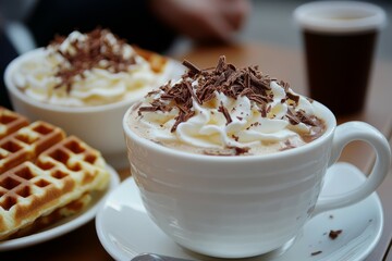 Delicious Hot Chocolate with Whipped Cream and Chocolate Shavings Served with Waffles