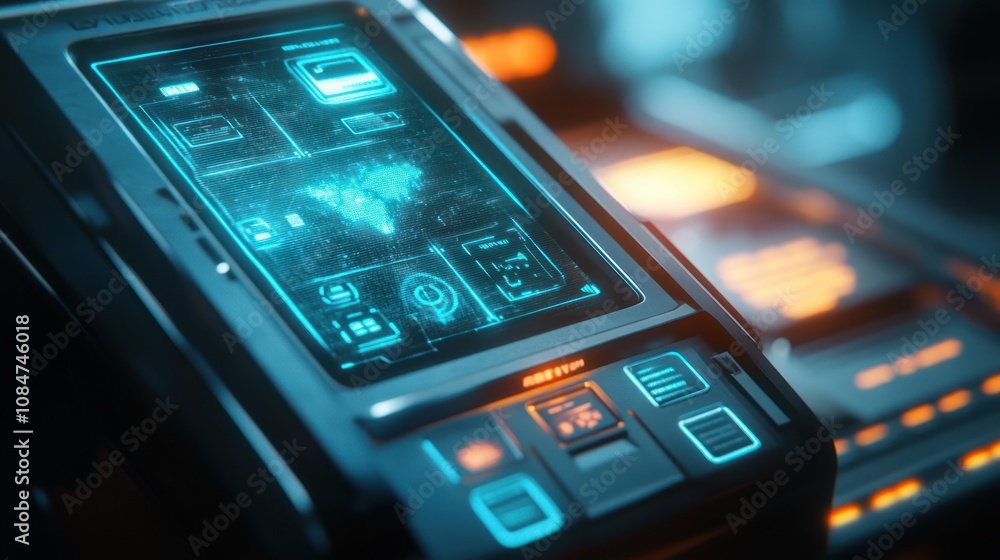 Poster futuristic interface device displaying a world map and various controls in a sci-fi setting.