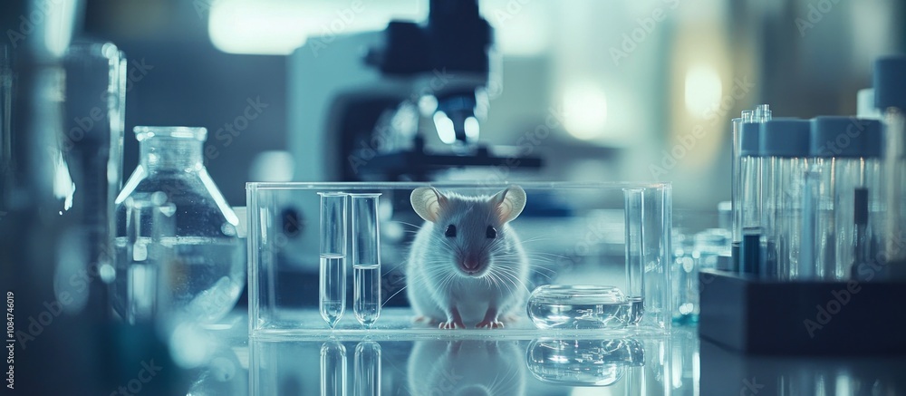 Poster white lab mouse in a clear plastic container, surrounded by laboratory glassware and a microscope in