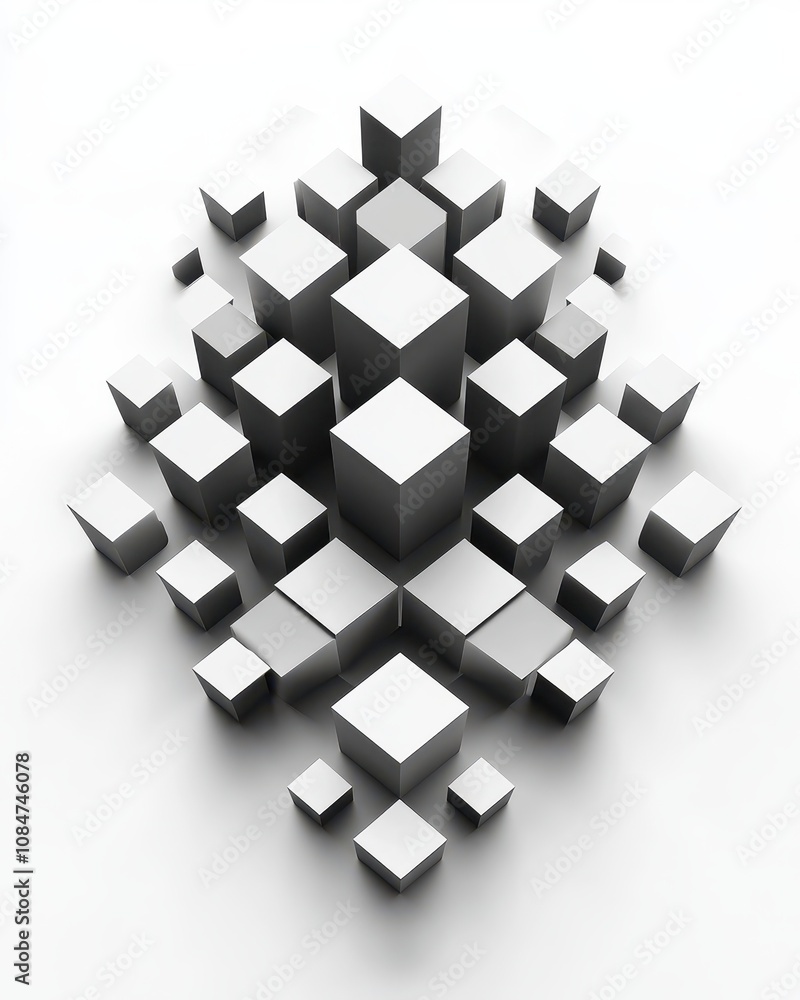 Poster a vector graphic illustrating uniformity with identically stacked cubes arranged symmetrically, high