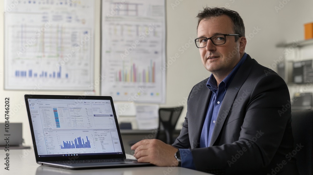 Poster professional setting with a man presenting data on a laptop in an office environment.