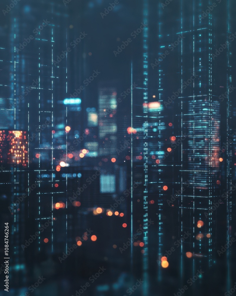 Poster in the background, there are city lights. this is an interactive graph looking at data analytics and