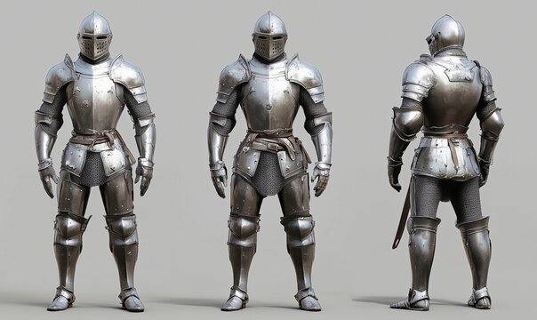 Medieval knight armor, detailed metal suit, front, side, back views, polished finish, intricate design, protective gear, historical significance