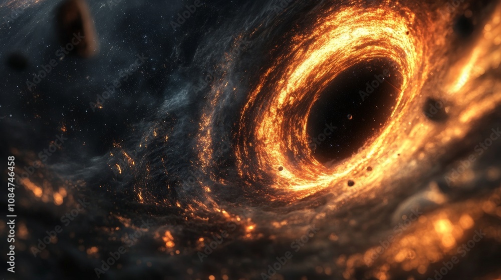 Poster a close-up of a relativistic jet emerging from a black hole, showing how time dilation affects the p