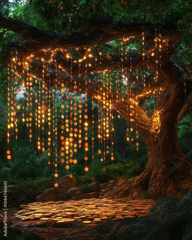 Poster a mystical tree surrounded by cascading coins creates a magical atmosphere at dusk in an enchanting 