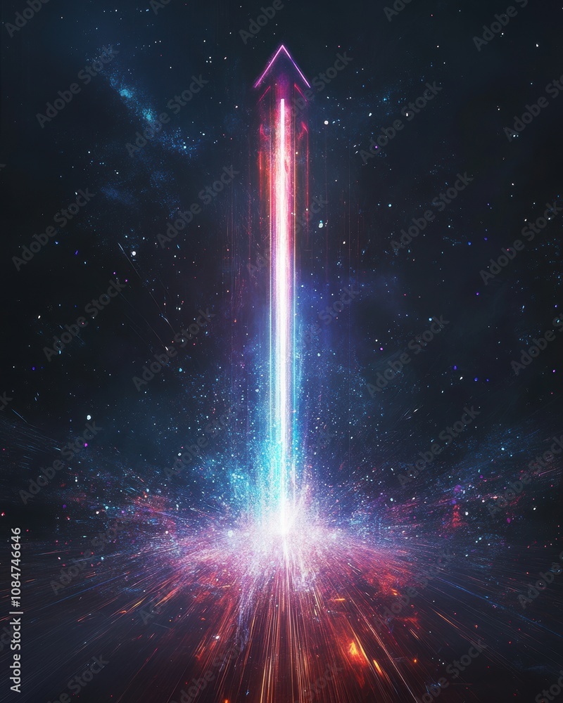 Canvas Prints on a dark background, an arrow points upwards surrounded by light trails and energy particles