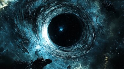 A close-up of a science fiction novel cover depicting a black hole as a central element of the plot