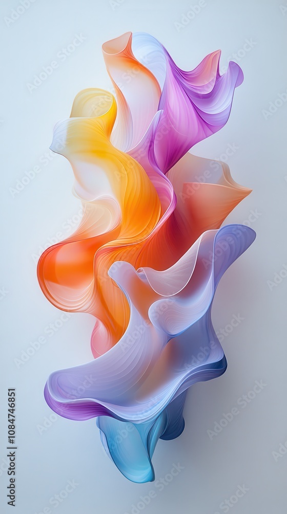 Poster an abstract, colorful shape with fluid curves and angular edges, set against a white backdrop.