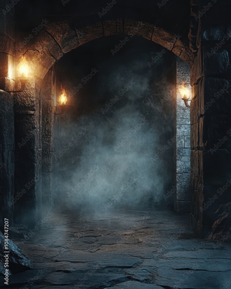Poster a shadowy dungeon poster design with rugged stone walls and flickering lights, perfect for fantasy-t