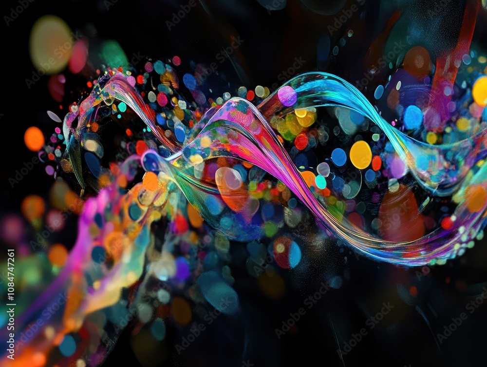 Poster abstract visualization of dna strands with vibrant colors and modern design on a dark background.