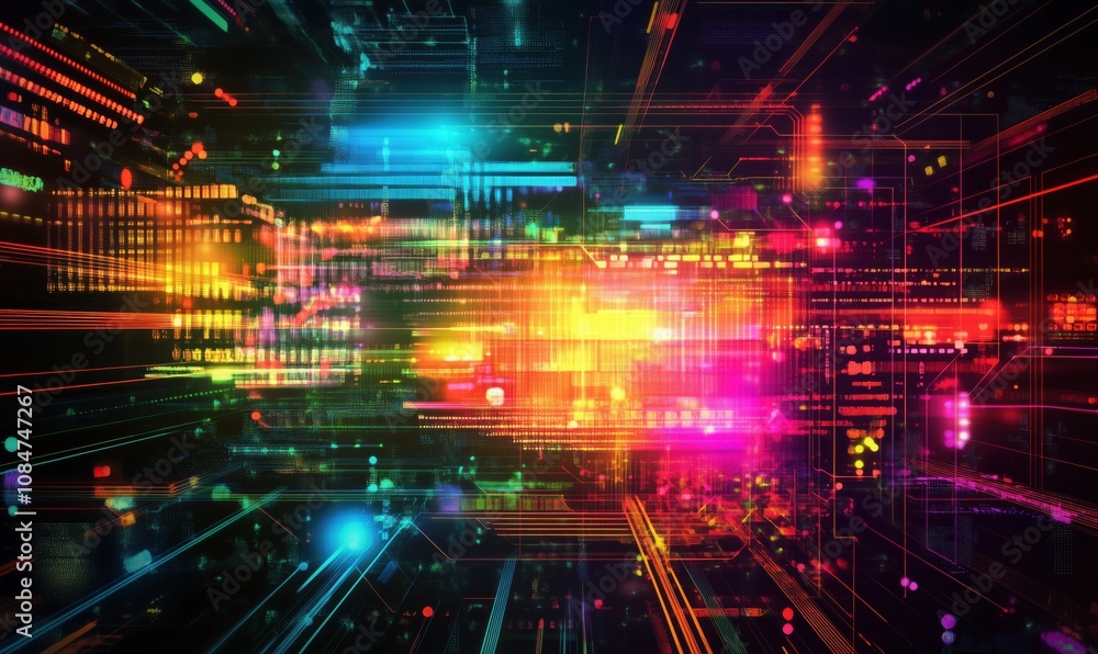 Poster colorful digital abstract background with vibrant lights and patterns, showcasing technology and dat
